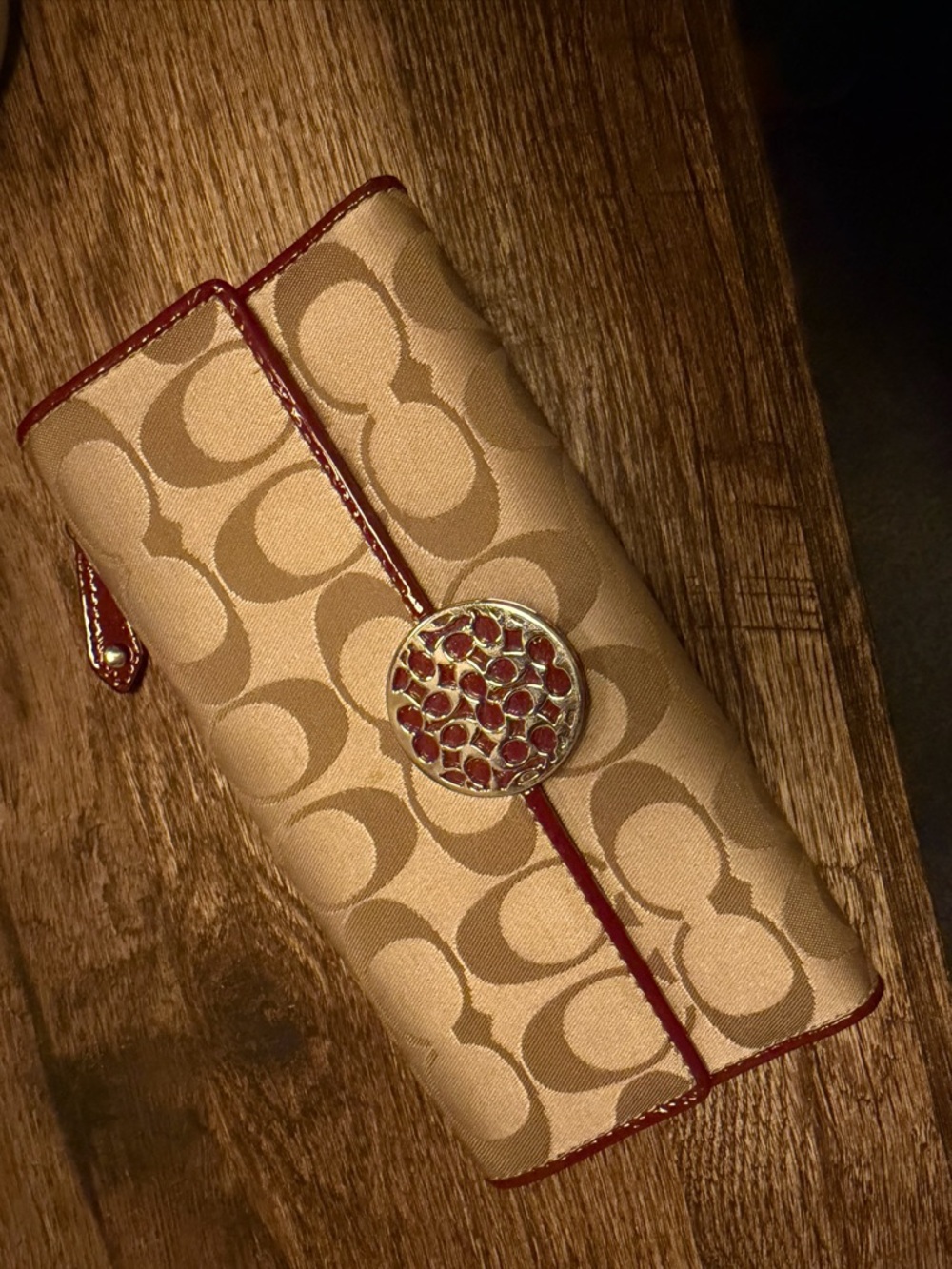 Coach Tan Signature Canvas Wallet with Plum Trim and Medallion